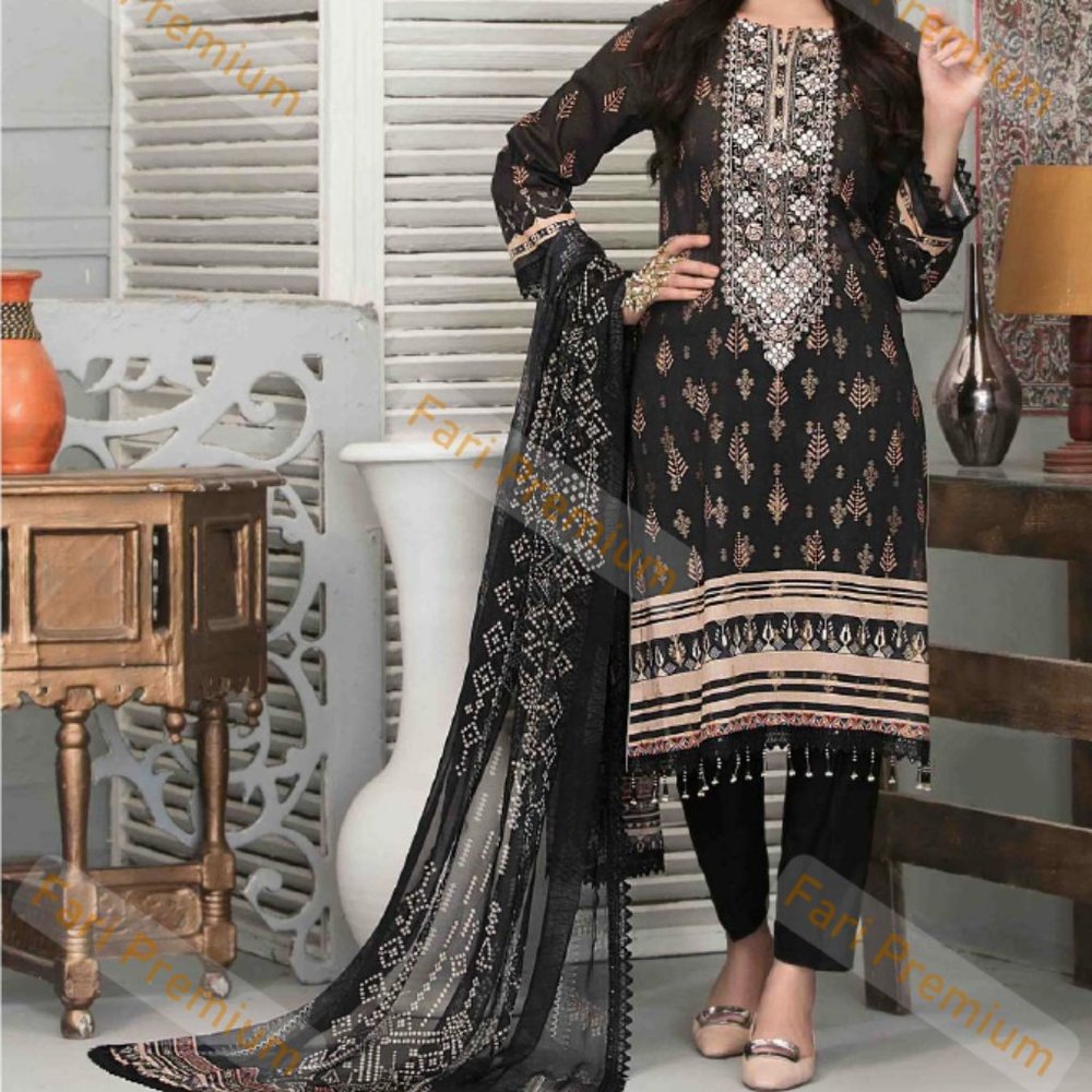 3PC Embroidered Banarsi Cotton Chiffon Shalwar Kameez Suit Pakistani/Indian S/36
